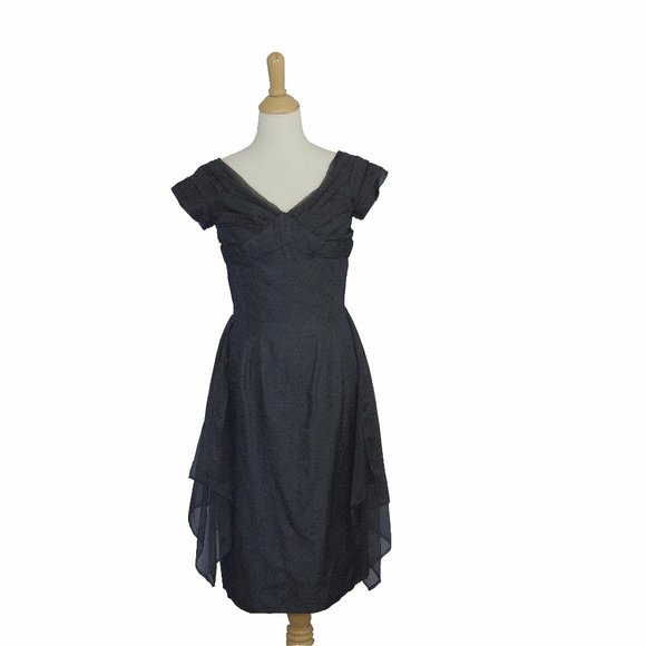 VTG 50s Nathan Strong Black Cocktail Dress, Bombshell Shelf Bust, Flyaway Panel - Picture 4 of 8